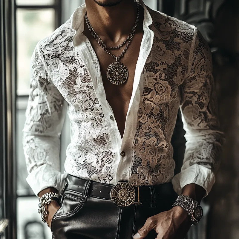 Men's Solid Color Lace Stand Collar Long Sleeve Shirt MTA0386F7Z sold by Manly product image thumbnail 2