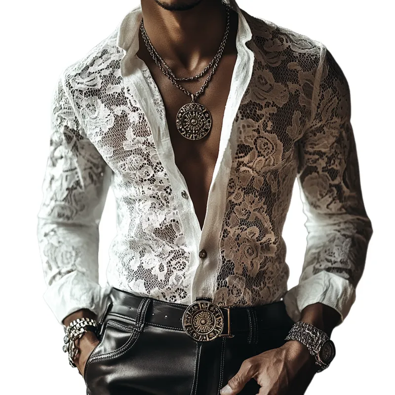 Men's Solid Color Lace Stand Collar Long Sleeve Shirt MTA0386F7Z sold by Manly