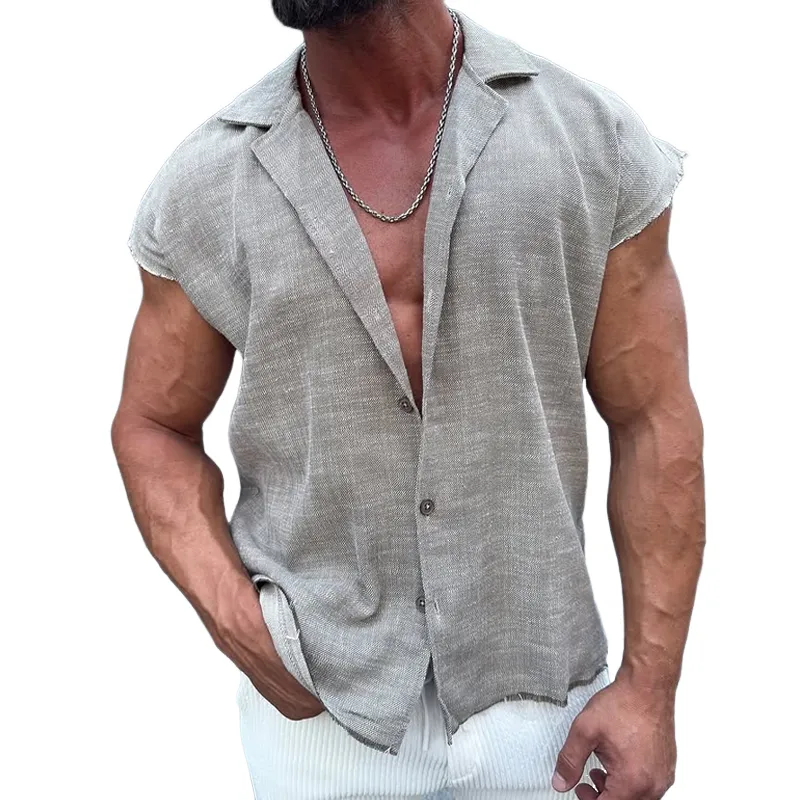 Men's Cotton And Linen Lapel Sleeveless Raw Edge Shirt MTA0392F7Z sold by Manly