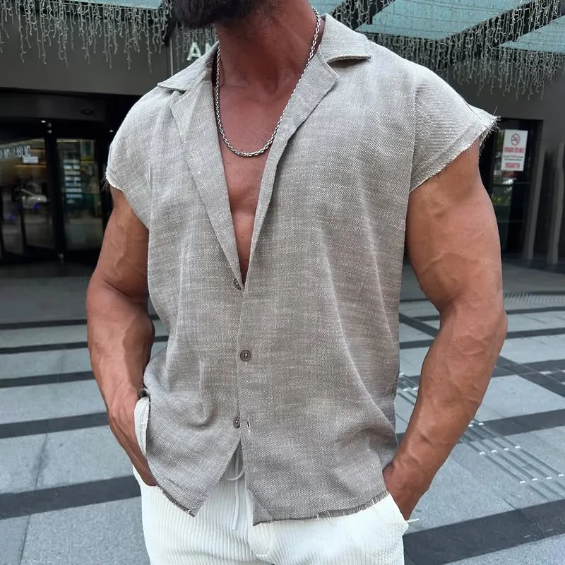 Men's Cotton And Linen Lapel Sleeveless Raw Edge Shirt MTA0392F7Z sold by Manly product image thumbnail 3