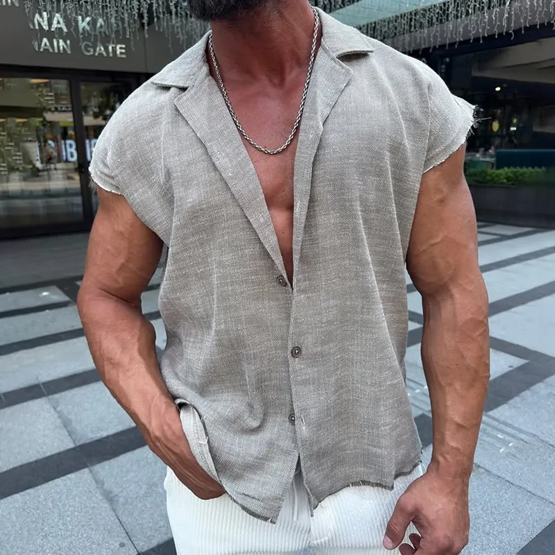 Men's Cotton And Linen Lapel Sleeveless Raw Edge Shirt MTA0392F7Z sold by Manly product image thumbnail 2