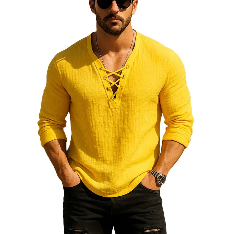 Men's Summer Simple Solid Color Lace-up Long Sleeve Linen Henley Shirt MTA0309F3P sold by Manly