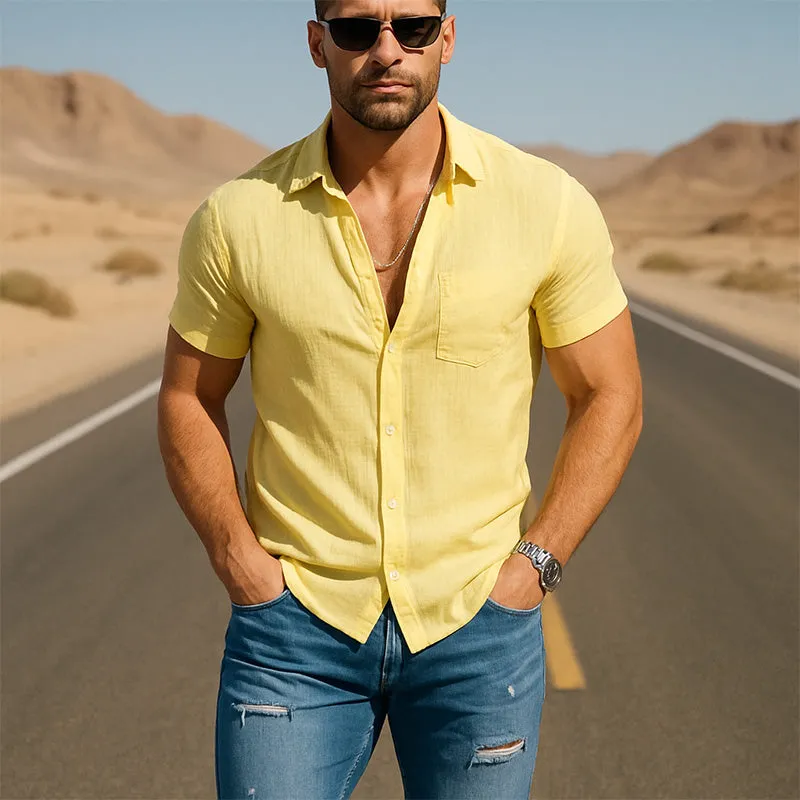 Men's Summer Solid Color Linen Short-Sleeved Shirt MTA0356F3P sold by Manly product image thumbnail 2