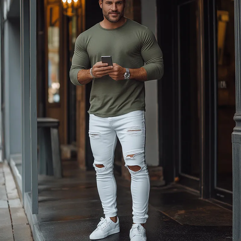 Men's Summer Solid Color Slim Fit Ripped Jeans MTA3048E6P sold by Manly product image thumbnail 4