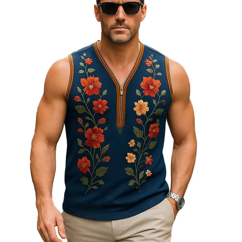 Men's Summer Fashion Embroidered Cotton And Linen Tank Top MTA0354F5P sold by Manly