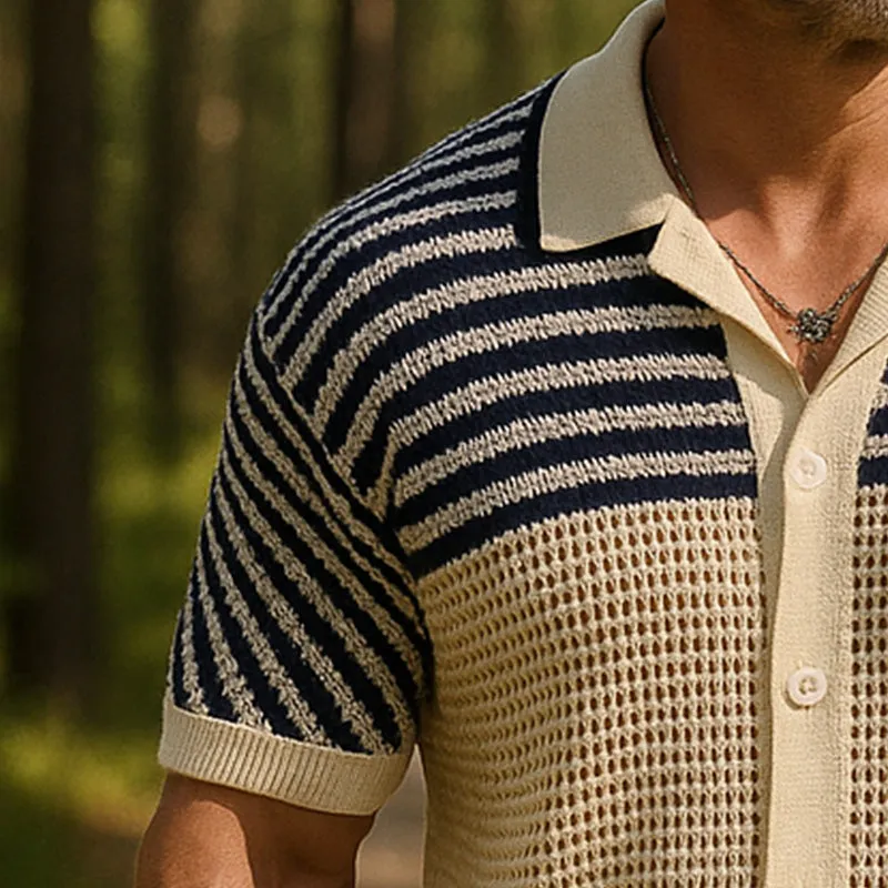 Men's Summer Thin Knitted Striped Hollow Short Sleeve Shirt MTA0367F9P sold by Manly product image thumbnail 3