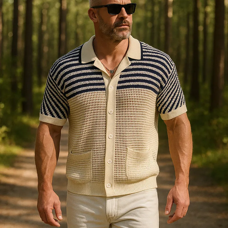 Men's Summer Thin Knitted Striped Hollow Short Sleeve Shirt MTA0367F9P sold by Manly product image thumbnail 2