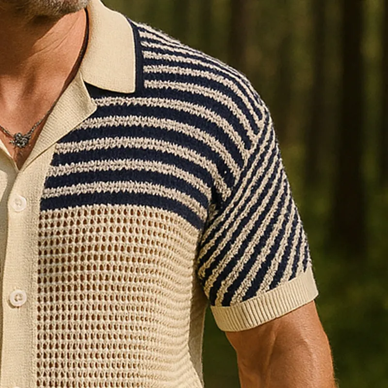 Men's Summer Thin Knitted Striped Hollow Short Sleeve Shirt MTA0367F9P sold by Manly product image thumbnail 4