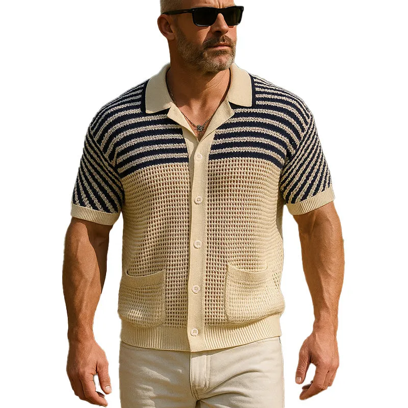 Men's Summer Thin Knitted Striped Hollow Short Sleeve Shirt MTA0367F9P sold by Manly