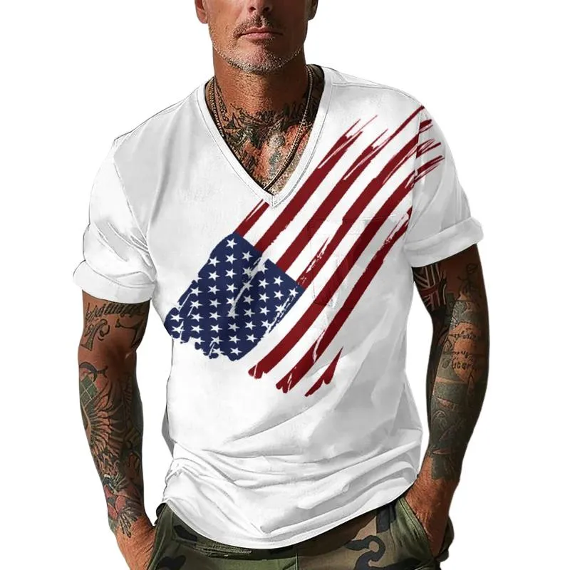 Men's V-neck Flag Print Casual Short-sleeved T-shirt 72881804X sold by Manly