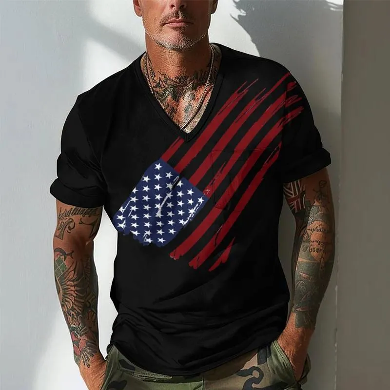 Men's V-neck Flag Print Casual Short-sleeved T-shirt 72881804X sold by Manly product image thumbnail 3