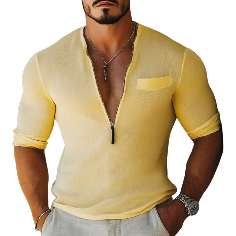 Men's Casual Solid Color Cotton Stripe Zipper V-neck Slim Long Sleeve T-shirt MTA3002E1M sold by Manly