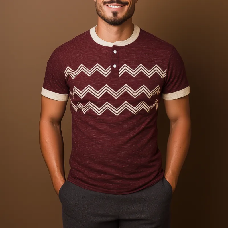 Men's Casual Wave Stripe Henley Collar Contrast Color Slim Fit Breathable Short Sleeve T-shirt MTA0423F5M sold by Manly product image thumbnail 2