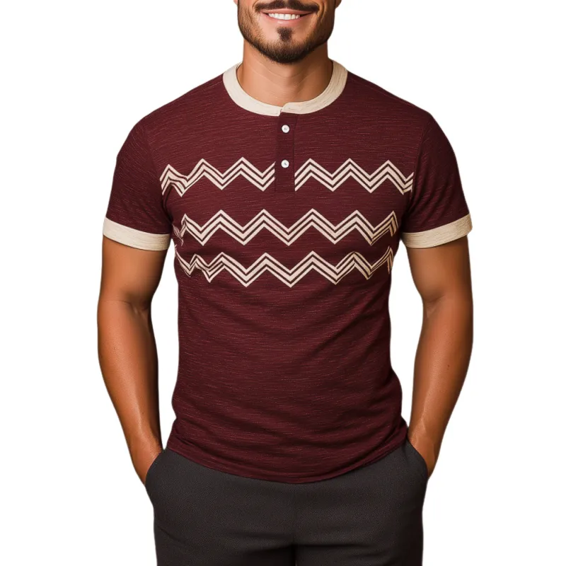 Men's Casual Wave Stripe Henley Collar Contrast Color Slim Fit Breathable Short Sleeve T-shirt MTA0423F5M sold by Manly