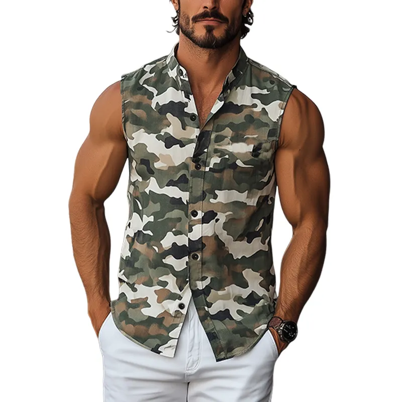 Men's Classic Casual Stand Collar Camouflage Print Cotton And Linen Slim Fit Sleeveless Shirt MTA0419F6K sold by Manly