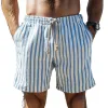 Men's Casual Fashion Blue And White Vertical Striped Cotton And Linen Elastic Waist Beach Shorts MTA0444F1K sold by Manly