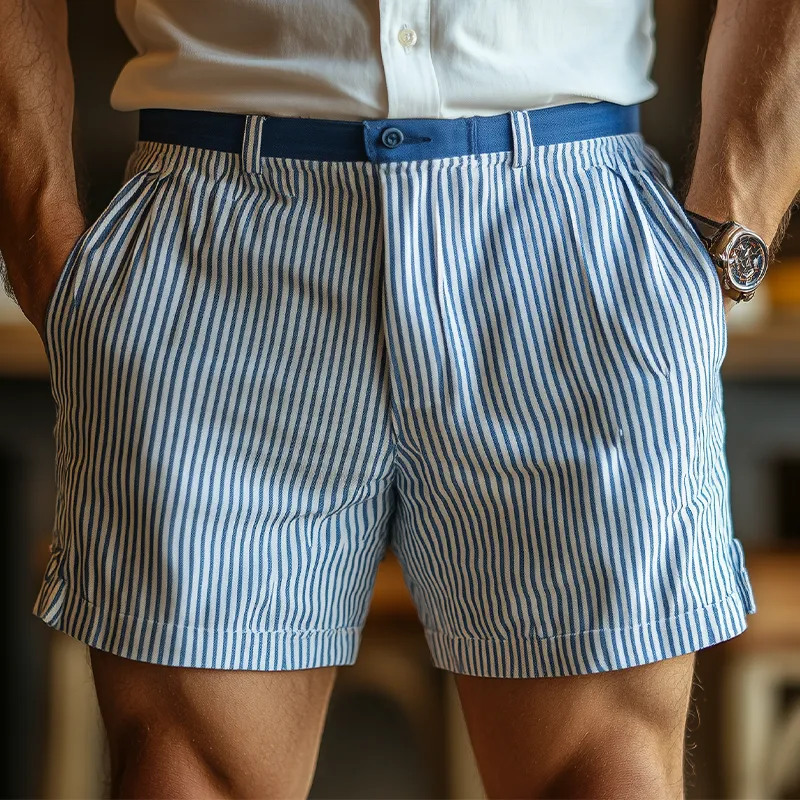 Men's Casual Fashion Blue And White Vertical Striped Cotton And Linen Shorts MTA0431F3K sold by Manly product image thumbnail 2