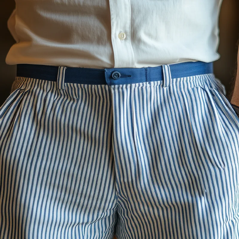 Men's Casual Fashion Blue And White Vertical Striped Cotton And Linen Shorts MTA0431F3K sold by Manly product image thumbnail 4