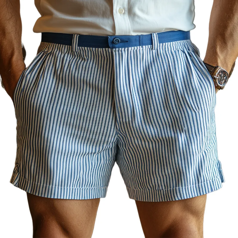 Men's Casual Fashion Blue And White Vertical Striped Cotton And Linen Shorts MTA0431F3K sold by Manly