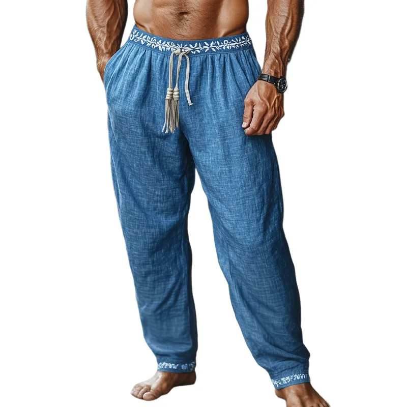 Men's Fashion Casual Waist And Hem Printed Cotton And Linen Elastic Waist Pants MTA0335F6K sold by Manly