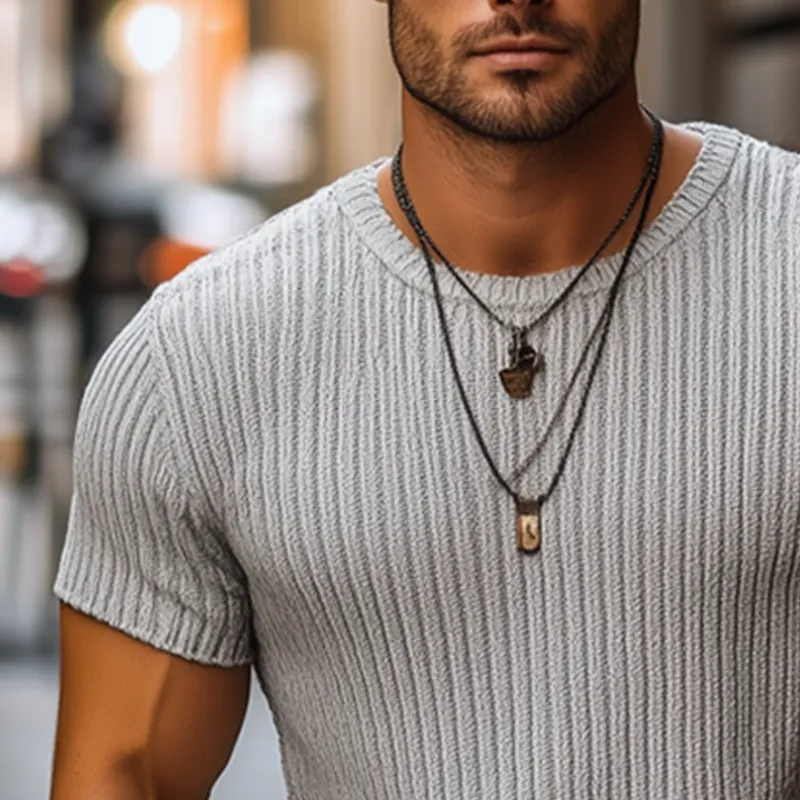 Men's Summer Striped Knitted Round Neck Short Sleeve T-Shirt MTA0439F0U sold by Manly product image thumbnail 4