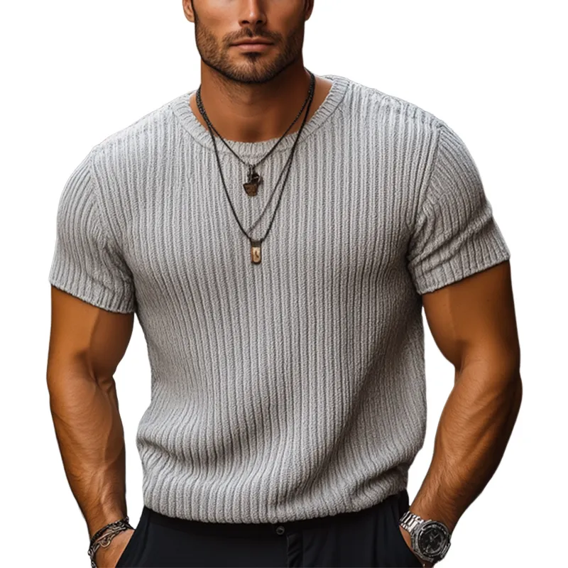 Men's Summer Striped Knitted Round Neck Short Sleeve T-Shirt MTA0439F0U sold by Manly