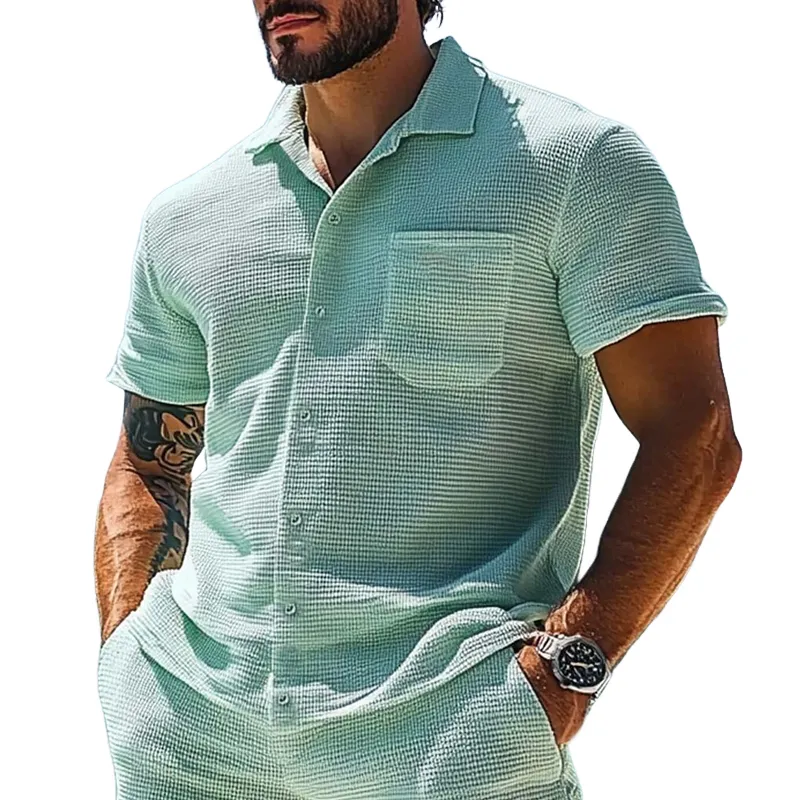 Men's Solid Waffle Lapel Short Sleeve Casual Shirt MTA0427F3Z sold by Manly