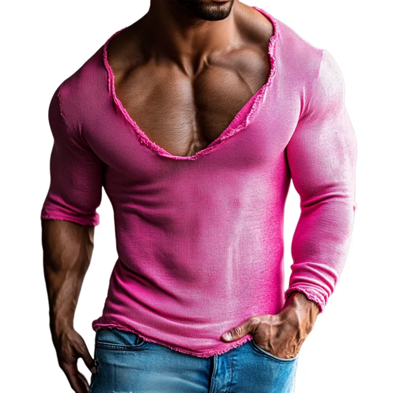 Men's Solid Rough Edge Collar Long Sleeve Casual T-shirt MTA0482F7Z sold by Manly