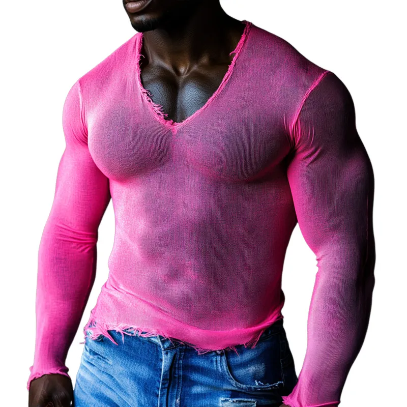 Men's Solid Rough Edge V Neck Long Sleeve Casual T-shirt MTA0493F1Z sold by Manly