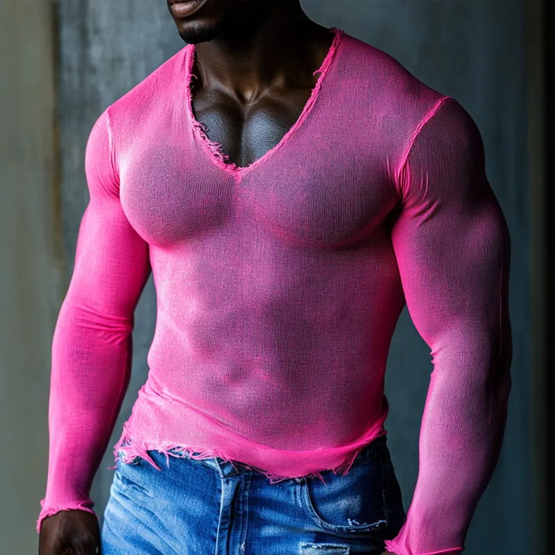 Men's Solid Rough Edge V Neck Long Sleeve Casual T-shirt MTA0493F1Z sold by Manly product image thumbnail 2