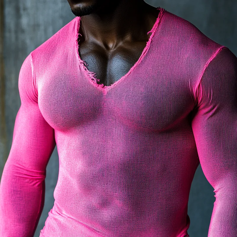 Men's Solid Rough Edge V Neck Long Sleeve Casual T-shirt MTA0493F1Z sold by Manly product image thumbnail 3