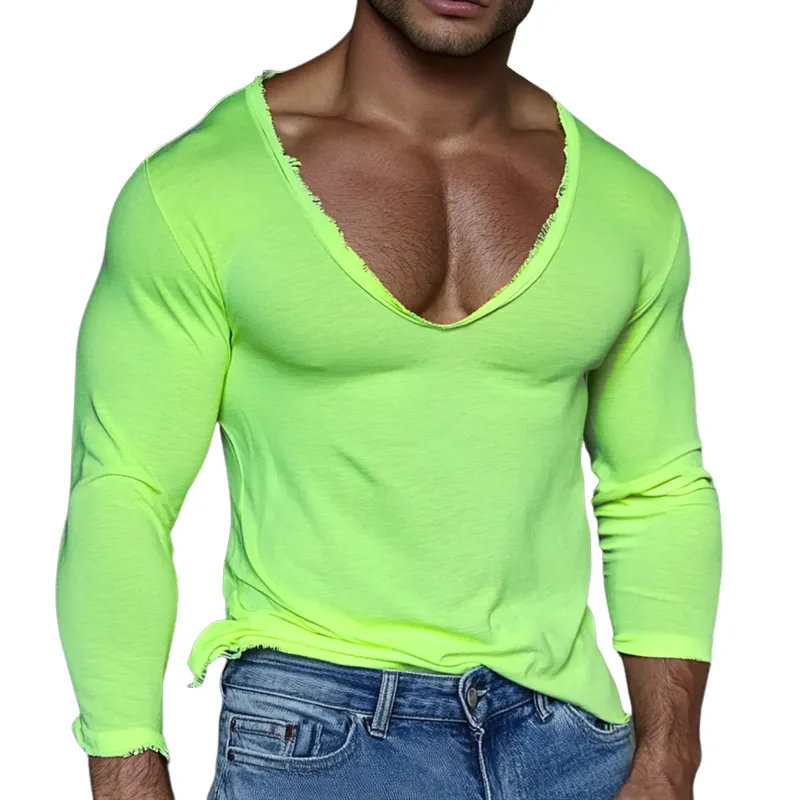 Men's Solid Rough Edge Collar Long Sleeve Casual T-shirt MTA0489F9Z sold by Manly