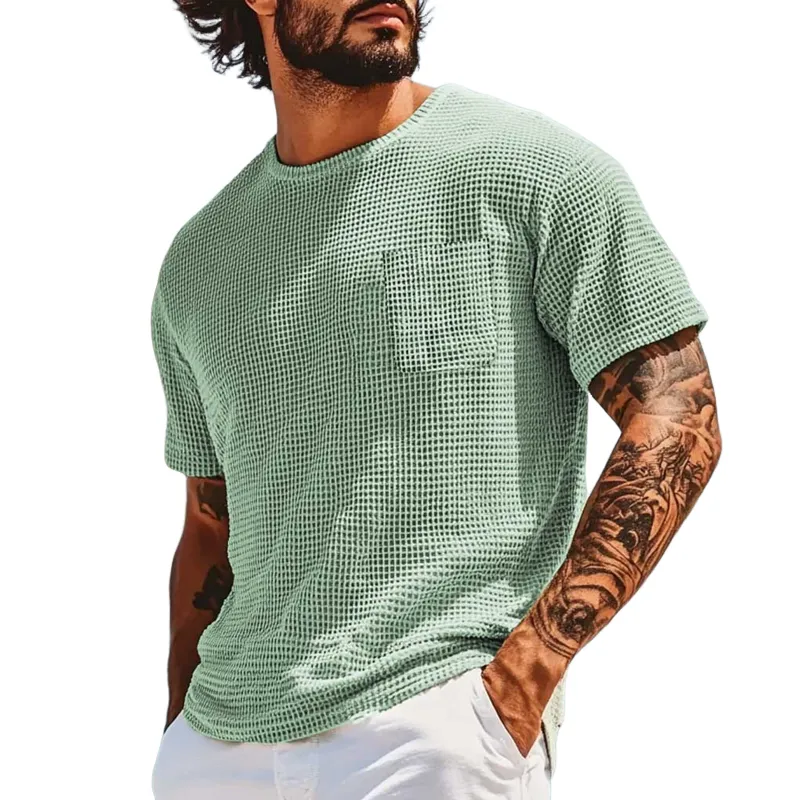 Men's Solid Waffle Round Neck Short Sleeve Casual T-shirt MTA0466F5Z sold by Manly