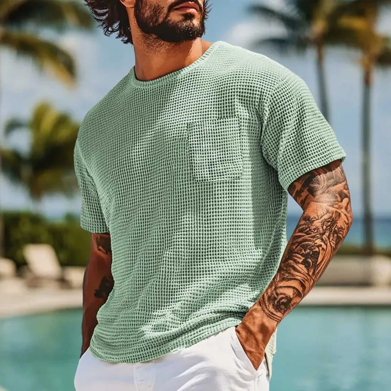 Men's Solid Waffle Round Neck Short Sleeve Casual T-shirt MTA0466F5Z sold by Manly product image thumbnail 2