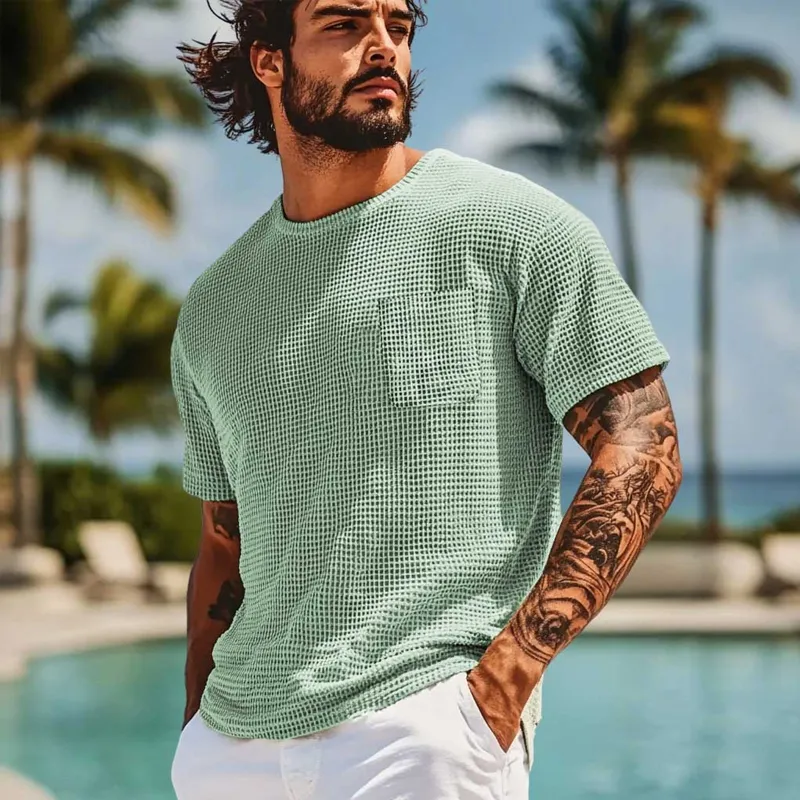 Men's Solid Waffle Round Neck Short Sleeve Casual T-shirt MTA0466F5Z sold by Manly product image thumbnail 3