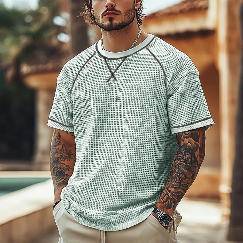 Men's Solid Waffle Round Neck Short Sleeve Casual T-shirt MTA0419F1Z sold by Manly product image thumbnail 2