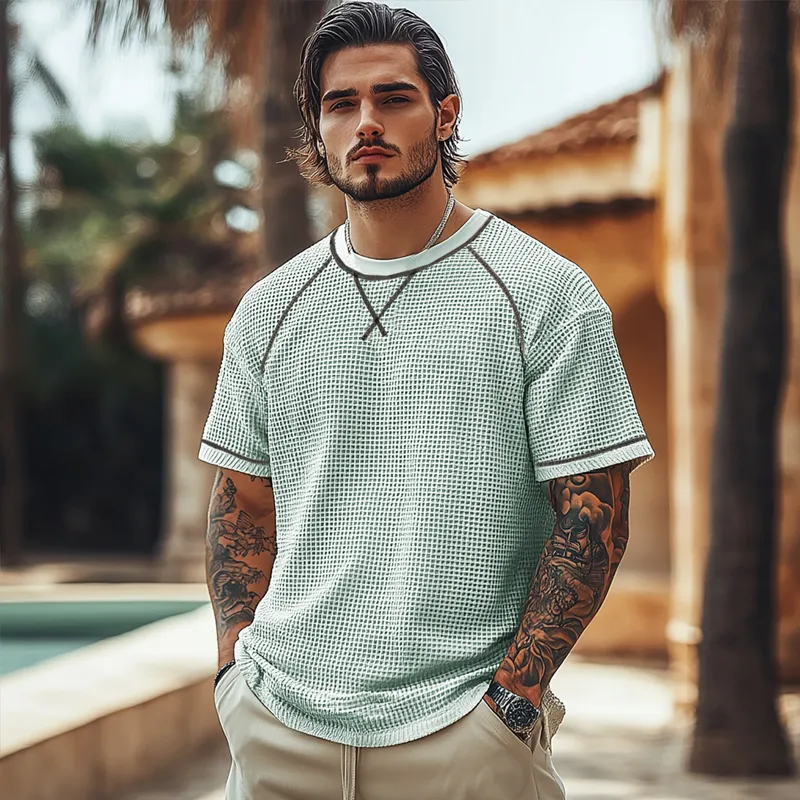 Men's Solid Waffle Round Neck Short Sleeve Casual T-shirt MTA0419F1Z sold by Manly product image thumbnail 3