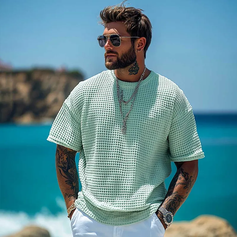 Men's Solid Waffle Round Neck Short Sleeve Casual T-shirt MTA0428F6Z sold by Manly product image thumbnail 3