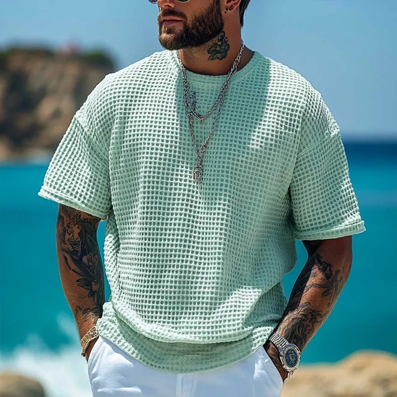 Men's Solid Waffle Round Neck Short Sleeve Casual T-shirt MTA0428F6Z sold by Manly product image thumbnail 2