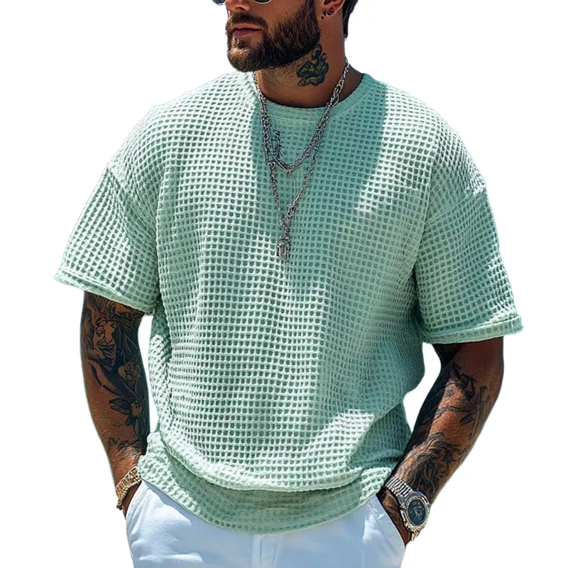Men's Solid Waffle Round Neck Short Sleeve Casual T-shirt MTA0428F6Z sold by Manly