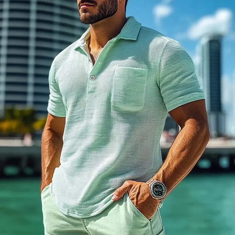 Men's Solid Waffle Lapel Short Sleeve Casual Polo Shirt MTA0441F5Z sold by Manly product image thumbnail 2