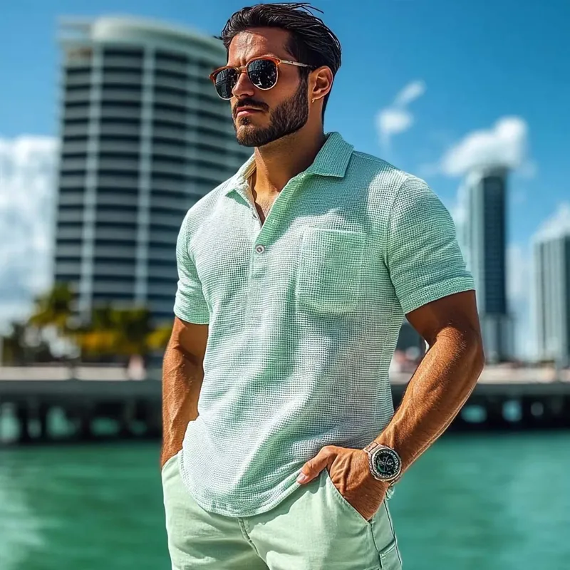 Men's Solid Waffle Lapel Short Sleeve Casual Polo Shirt MTA0441F5Z sold by Manly product image thumbnail 3