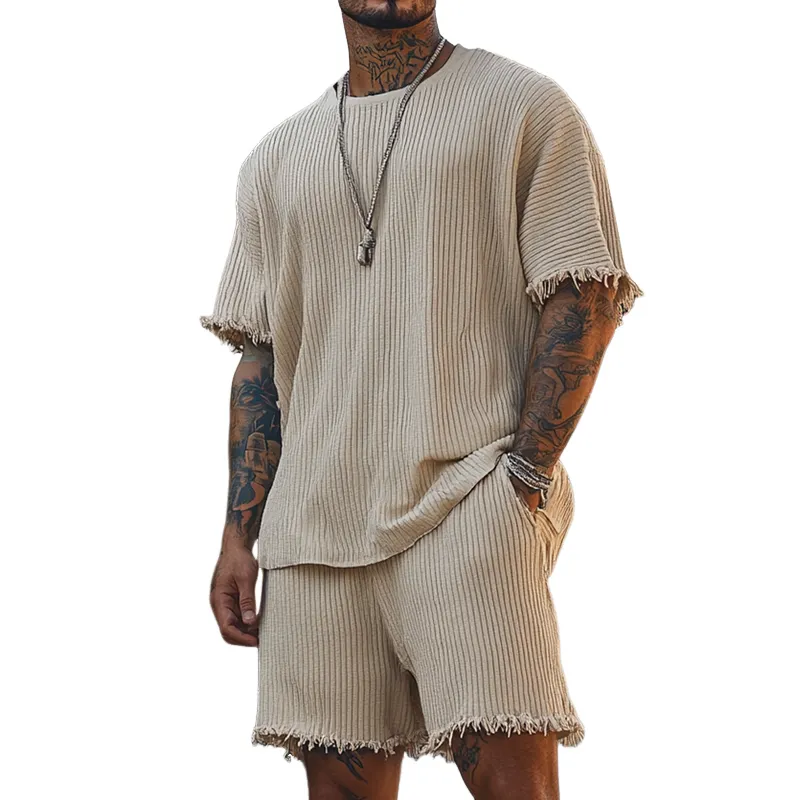Men's Solid Striped Rough Edge Round Neck Short Sleeve T-shirt Shorts Set MTA0403F3Z sold by Manly