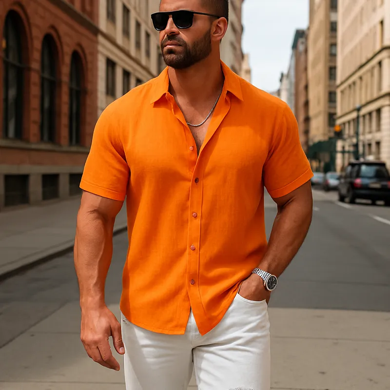 Men's Summer Fashion Solid Color Slub Linen Short Sleeve Shirt MTA0459F8P sold by Manly product image thumbnail 2