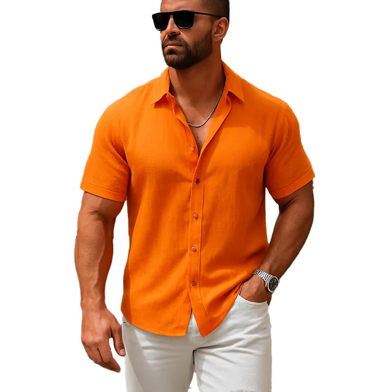 Men's Summer Fashion Solid Color Slub Linen Short Sleeve Shirt MTA0459F8P sold by Manly