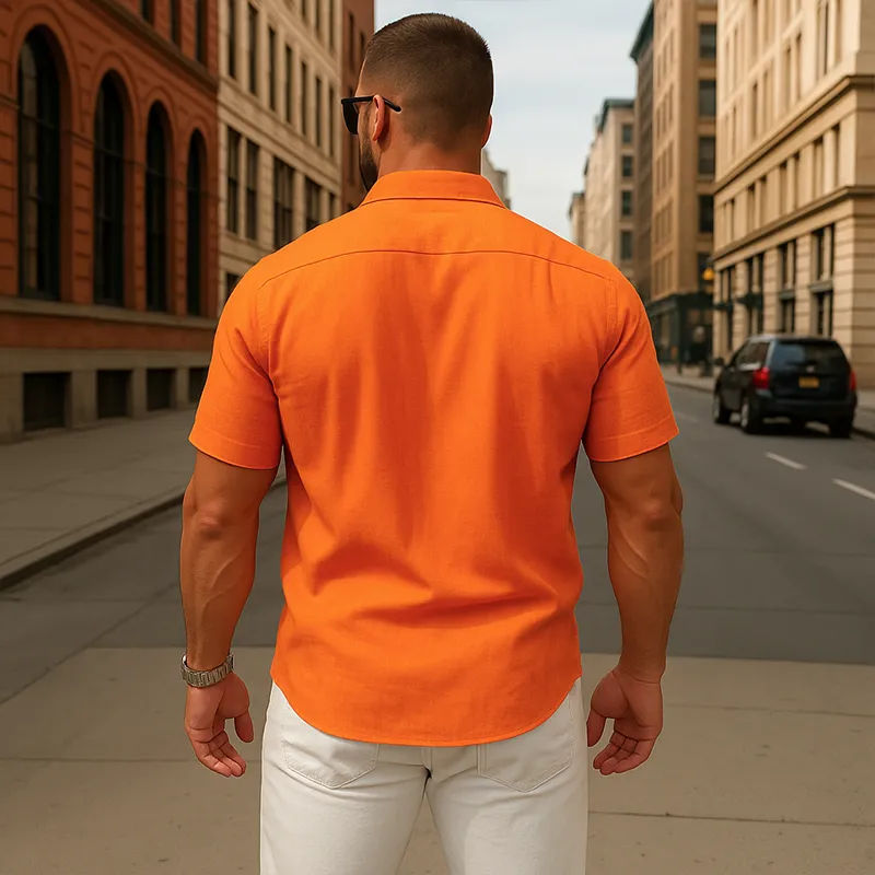 Men's Summer Fashion Solid Color Slub Linen Short Sleeve Shirt MTA0459F8P sold by Manly product image thumbnail 3