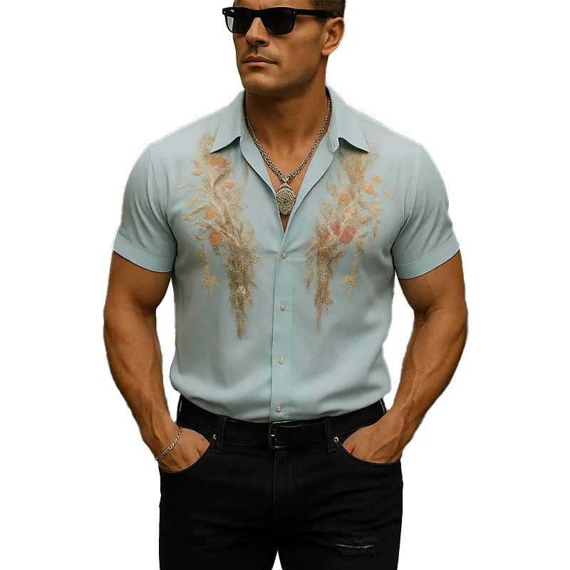 Men's Summer Fashion Lightweight Embroidered Cotton Short Sleeve Shirt MTA0417F9P sold by Manly
