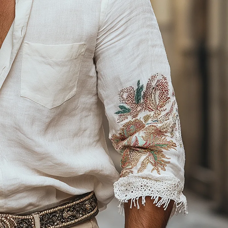 Men's Summer Lightweight Embroidered Linen Long Sleeve Shirt MTA0440F0P sold by Manly product image thumbnail 4