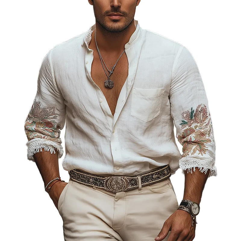 Men's Summer Lightweight Embroidered Linen Long Sleeve Shirt MTA0440F0P sold by Manly