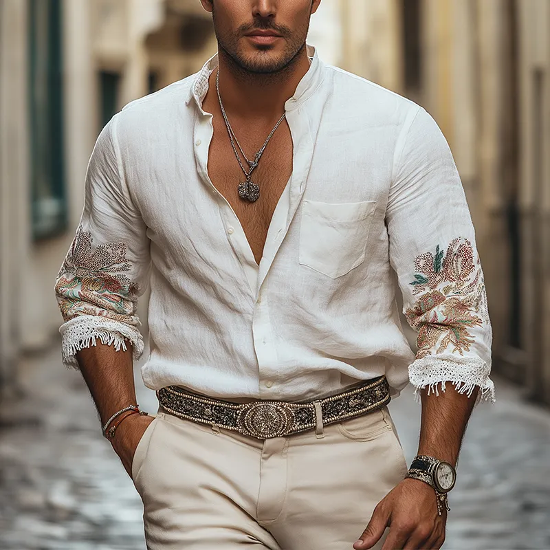 Men's Summer Lightweight Embroidered Linen Long Sleeve Shirt MTA0440F0P sold by Manly product image thumbnail 2